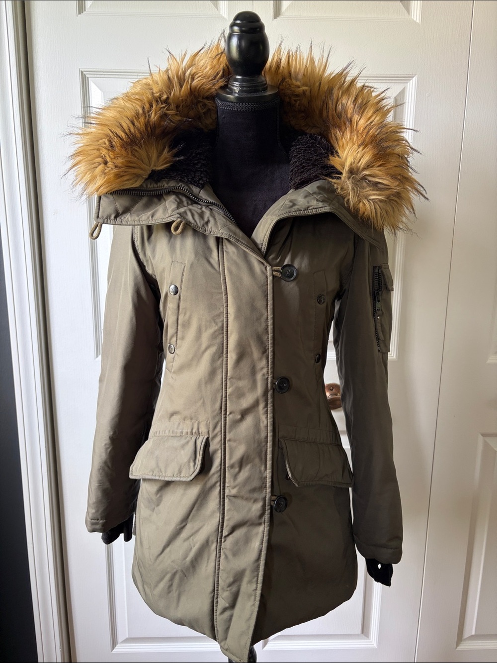 Olive Green Parka Coat with Faux Fur Hood